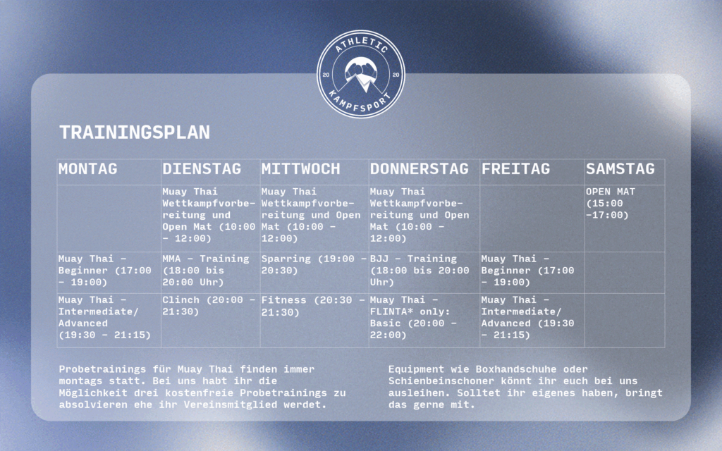 Wochenplan mit den Trainingszeiten